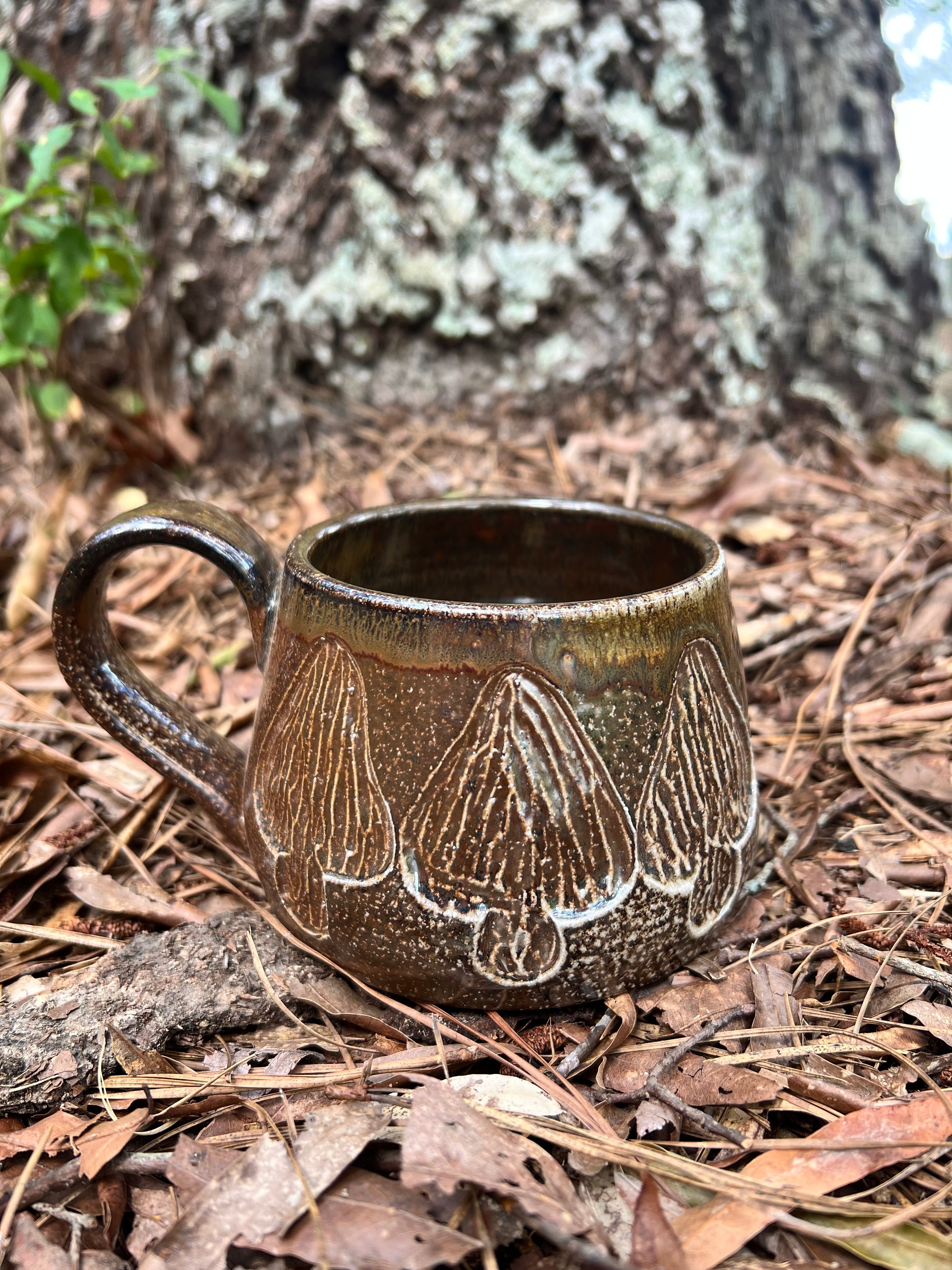 wood fired hand carved mushroom mug