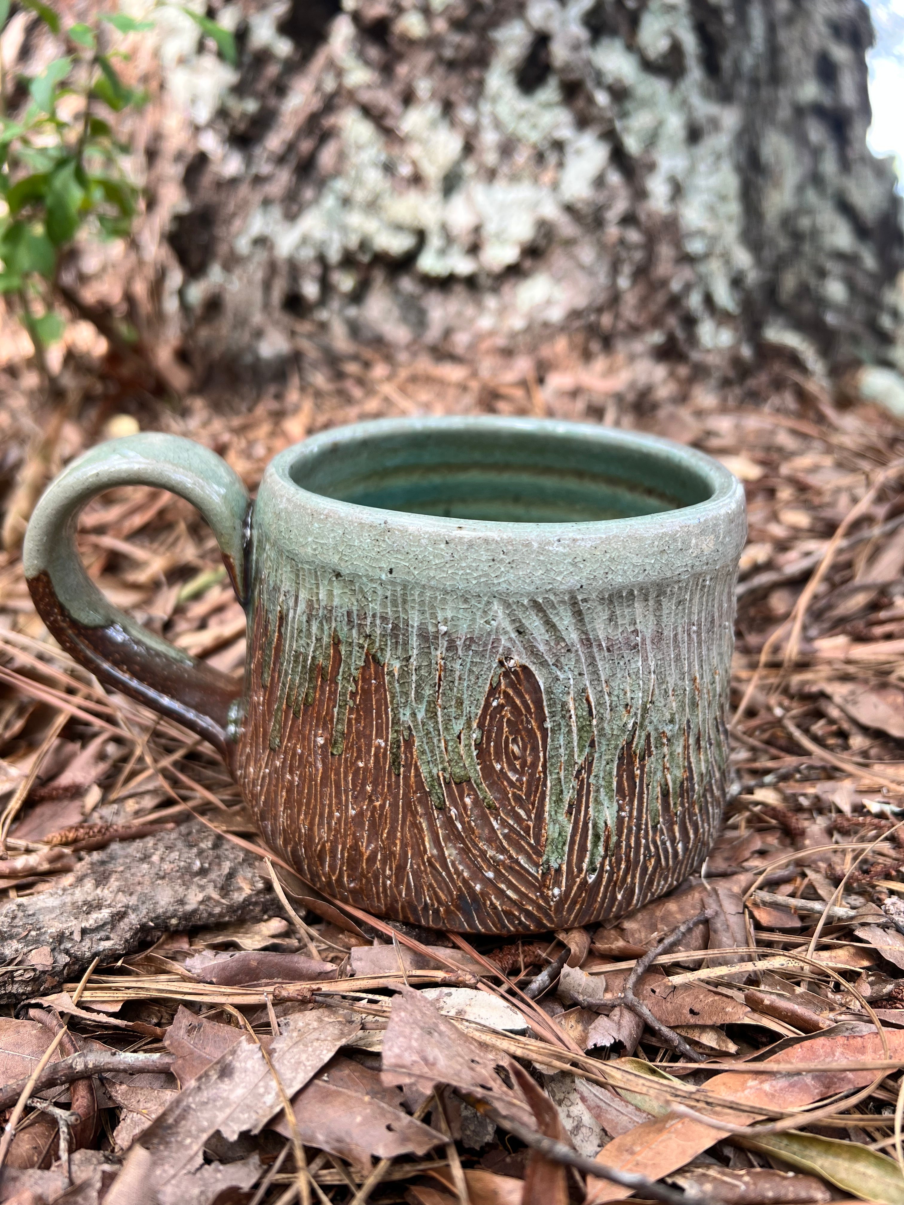 wood fired wood grain mug