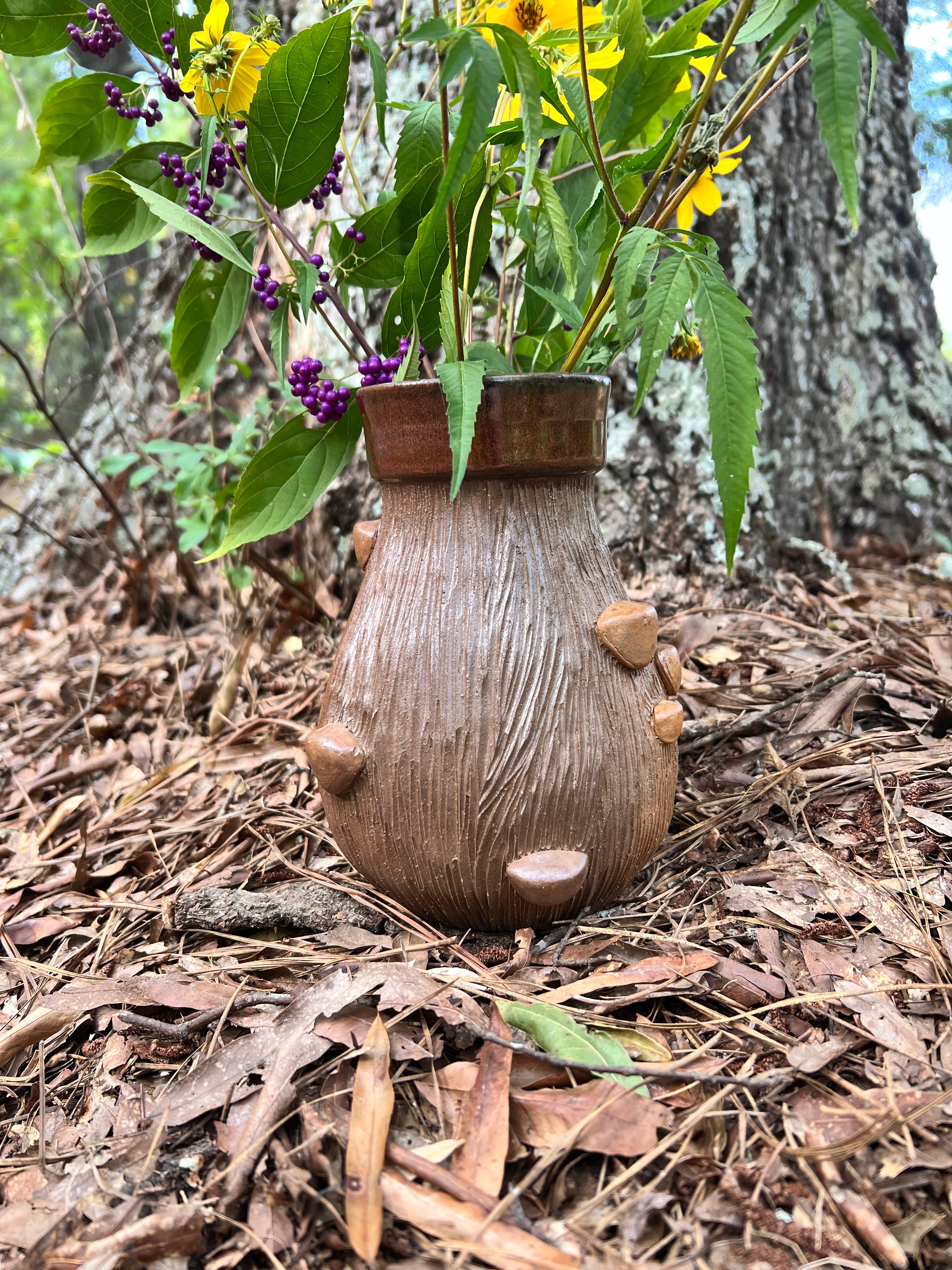 wood fired wood grain vase with mushrooms