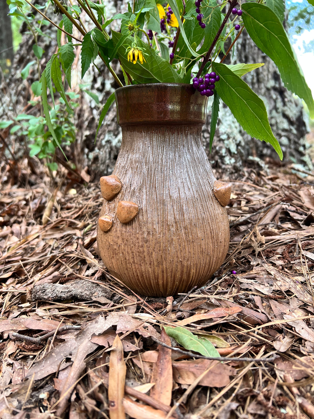 wood fired wood grain vase with mushrooms