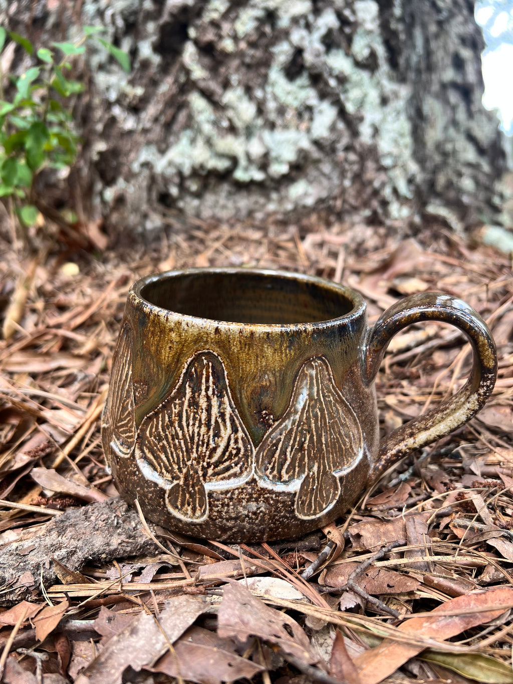 wood fired hand carved mushroom mug