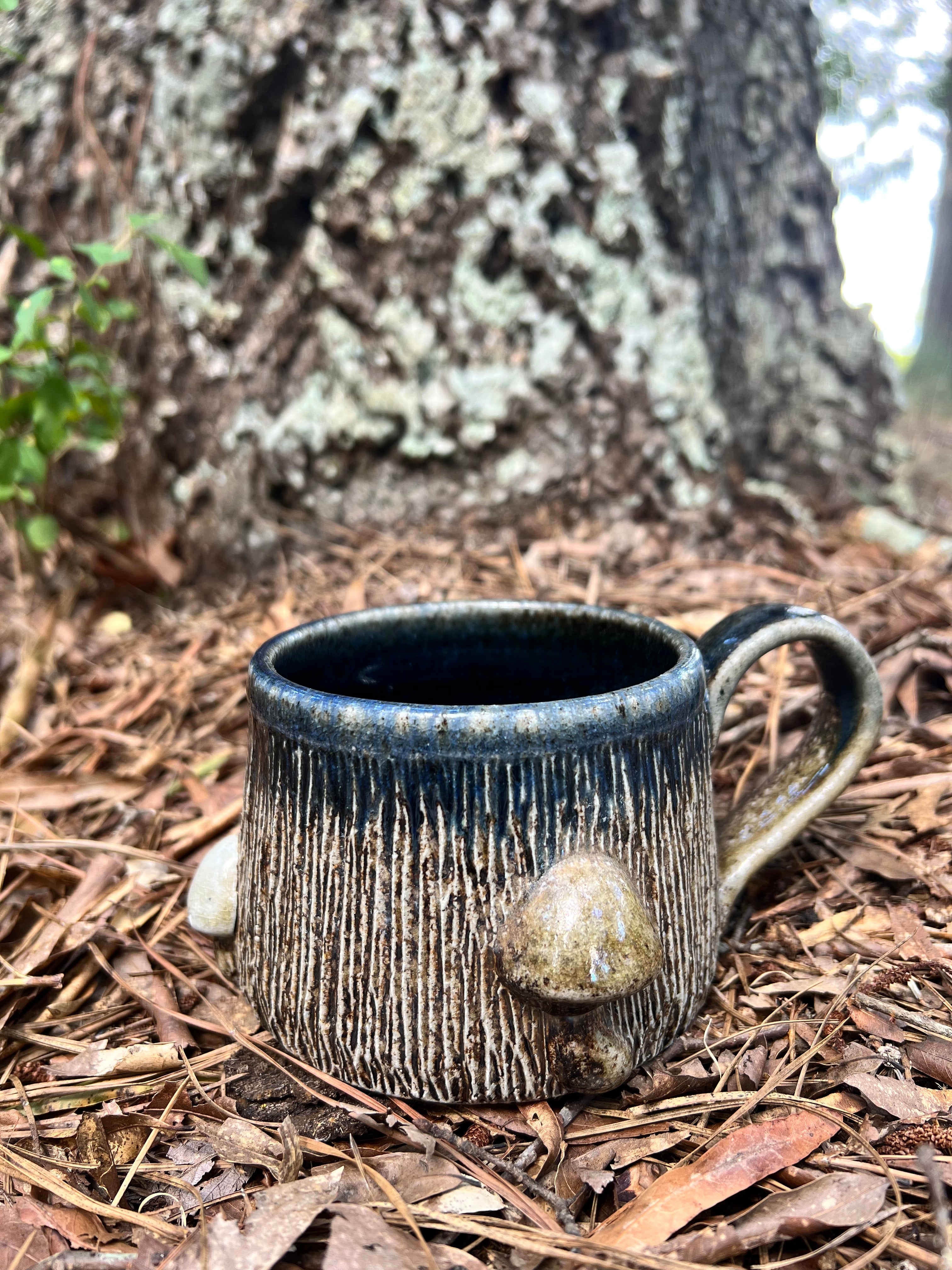 wood fired wood grain and mushroom mug