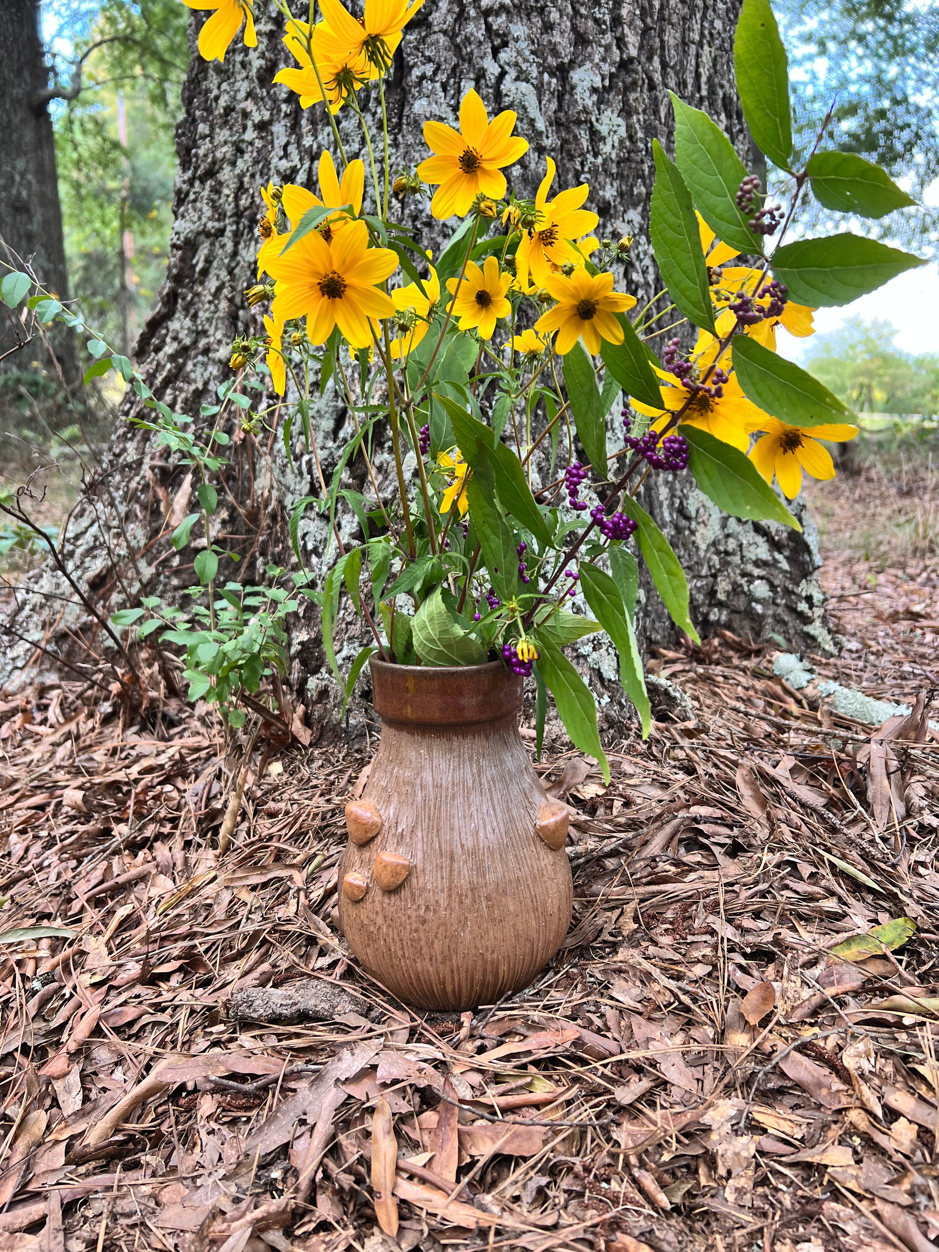 wood fired wood grain vase with mushrooms