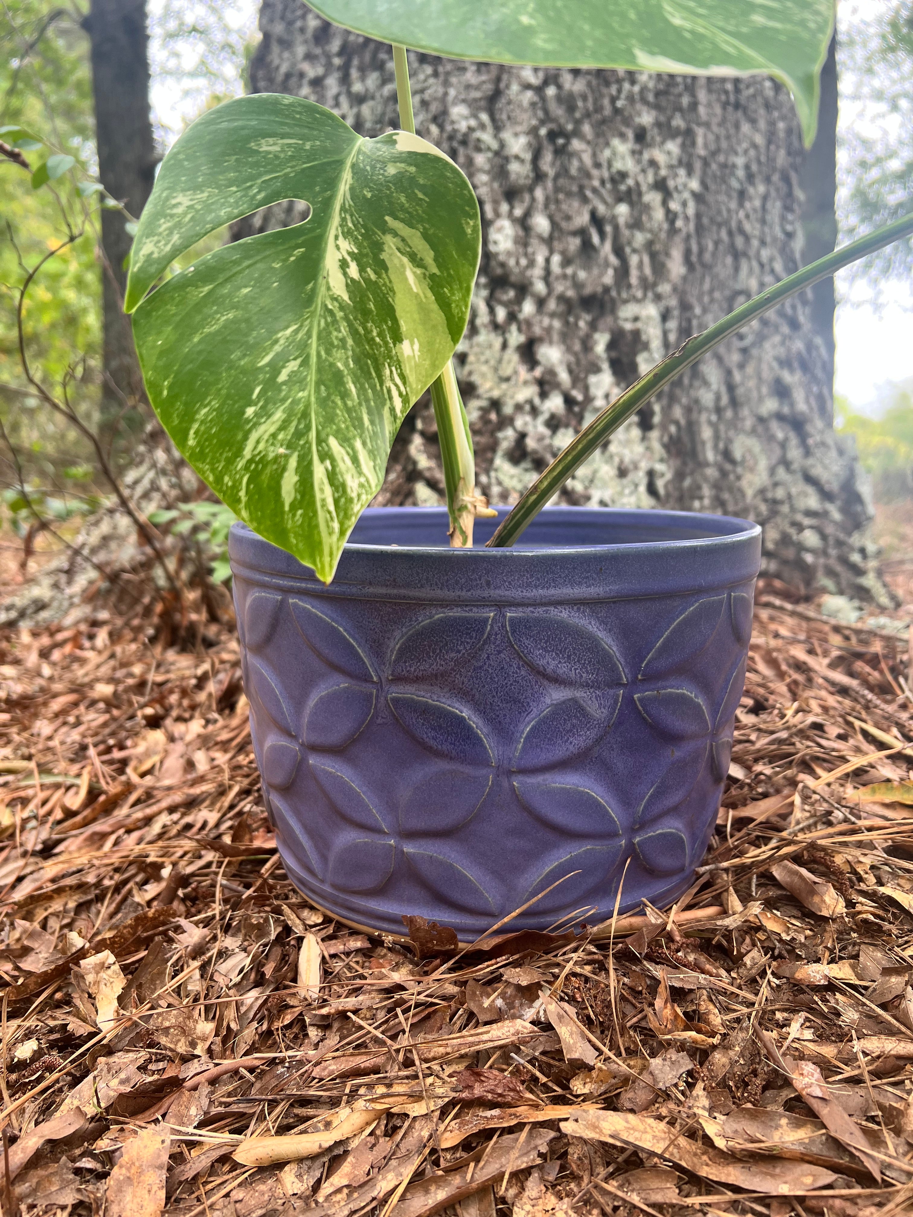 large violet hand carved planter