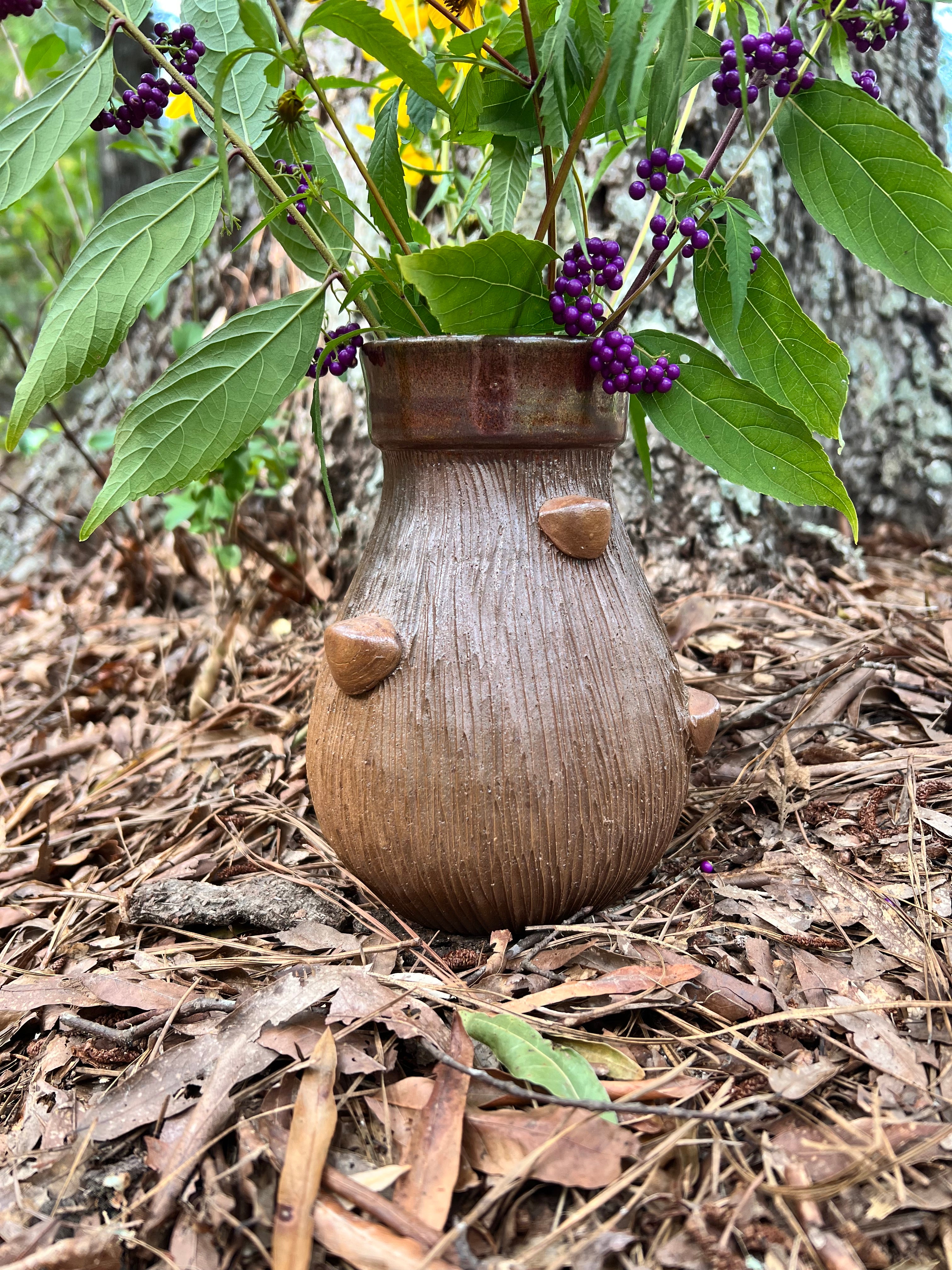 wood fired wood grain vase with mushrooms